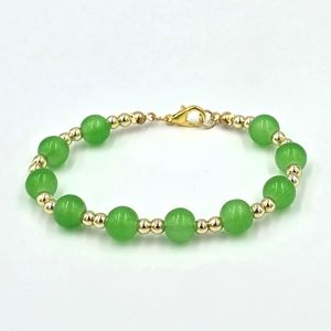 Green Glass Beaded Bracelet 14k Gold Plated Beads Handmade
